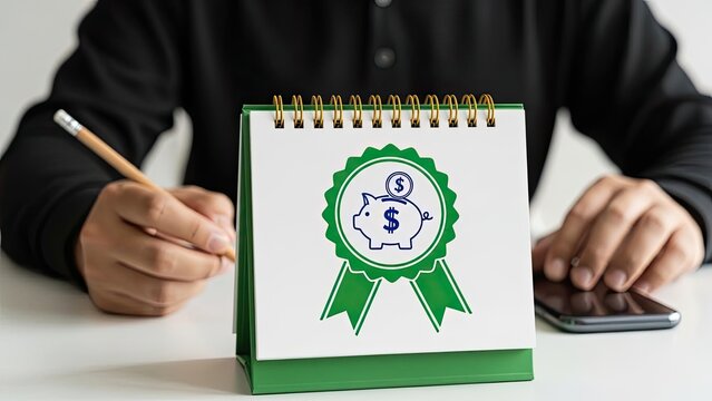 Person holding pencil and calculator with notebook showing piggy bank and money symbol award