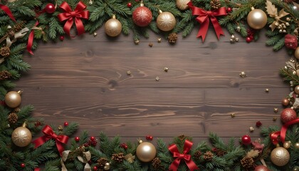 Christmas garland border frame with ornaments on dark wood background
