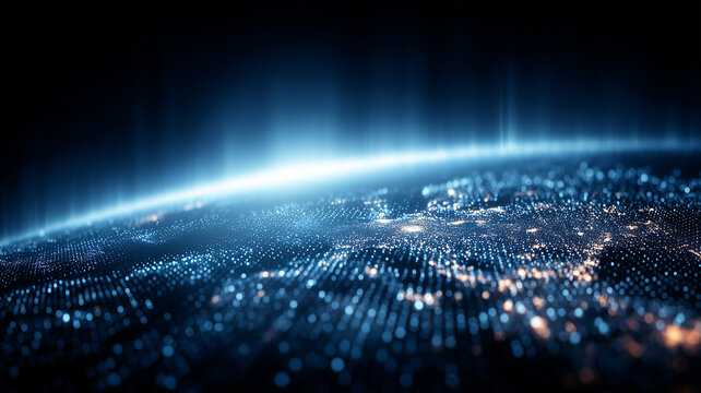 A panoramic view of illuminated global terrain representing worldwide communication expansion and the interconnected growth of international digital activity.

