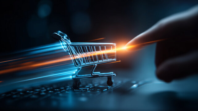 A digital purchase concept featuring a miniature shopping cart activated by a finger, representing fast online transactions and the transformation of modern ecommerce behavior
- Powered by Adobe
