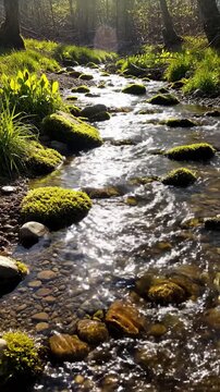 Nature's Glassy Glimmer with brooklet glimmer effect spring style featuring brooklet, spring, nature, glitter, cinematic 4k animated overlay, seamless loop stock footage background