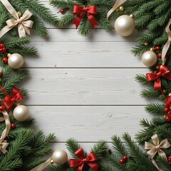 Christmas evergreen border frame with ornaments and bows on wood