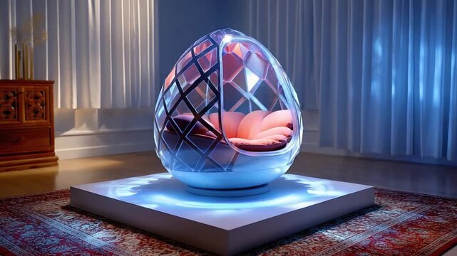 Futuristic Egg Chair:  A modern, egg-shaped chair, is on display atop a square platform in a bright room. The chair's unique design features a transparent, multi-faceted shell that encases a plush.