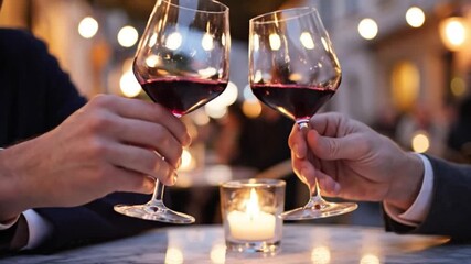 A Romantic Toast: Two glasses of red wine clink together, the rich red liquid shimmering in the soft light of a candle, the perfect moment of intimacy. - Powered by Adobe