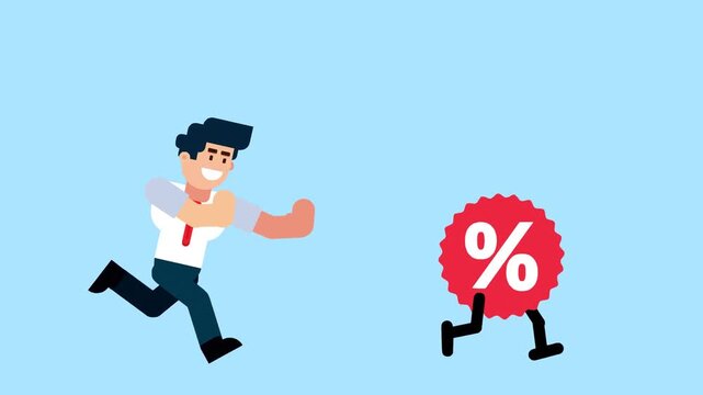 A businessman runs after a walking percent discount sign, symbolizing the pursuit of sales, discounts, business opportunities, or financial goals, on a blue background.