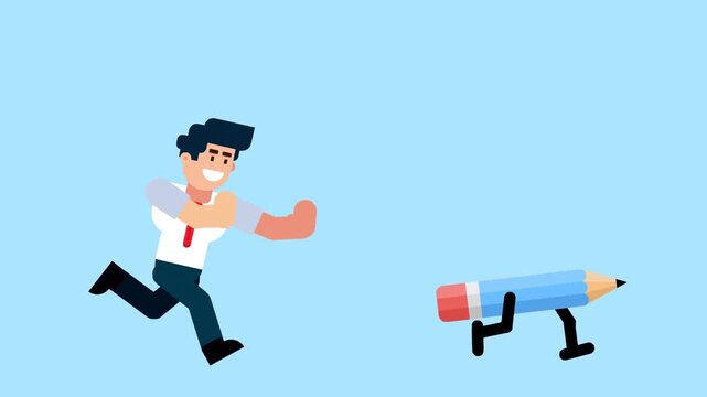 A businessman runs after a walking pencil, symbolizing the pursuit of creativity, ideas, writing, or education, on a blue background.

