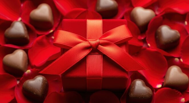 Luxurious red gift box centered among heart shaped chocolates and rich velvety petals. - Powered by Adobe