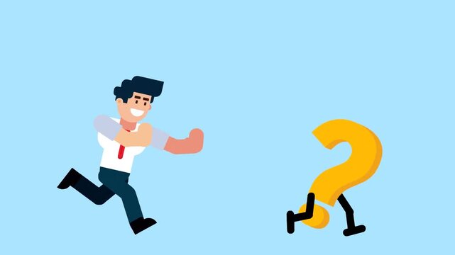 A businessman runs after a walking question mark, symbolizing the pursuit of answers, curiosity, problem-solving, or seeking information, on a blue background.


