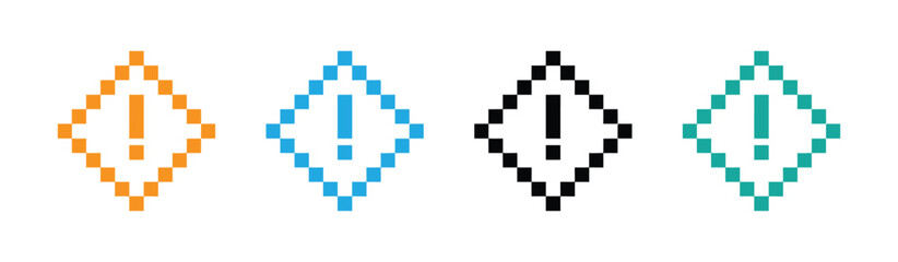 Set of pixel art danger exclamation marks sign. Caution alarm, attention pixel icons. Fatal error warning message. Retro game . Pixelated exclamation point icons with retro vibe.