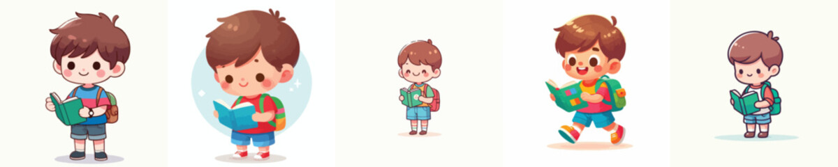 vector of a little male student standing reading a book