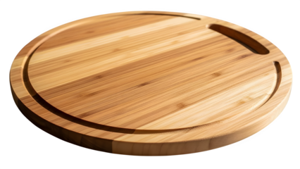 Round wooden cutting board with handle groove on a black background