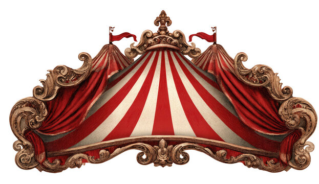 Elegant circus tent design with ornate gold frame, red & white stripes, and small pennants