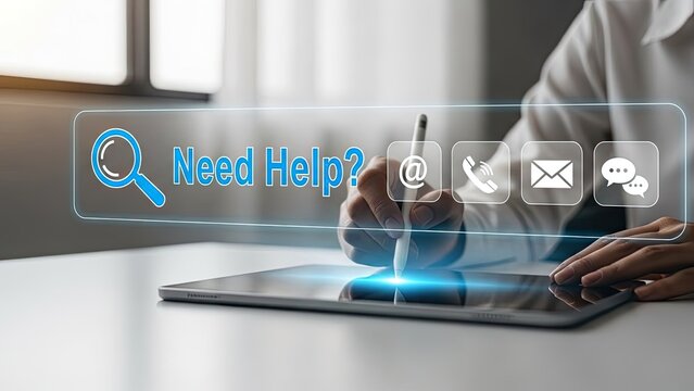 Person using a tablet to search for information online with a digital interface displaying search results and icons