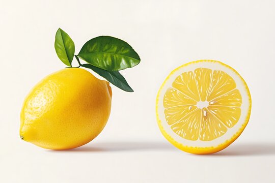 Whole lemon with leaves and a halved lemon isolated on white background - Powered by Adobe