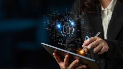 Cybersecurity system interface with biometric lock and data protection. Cybersecurity protects...