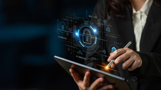 Cybersecurity system interface with biometric lock and data protection. Cybersecurity protects access, identity, cyber security prevents threats, and cyber security supports digital systems. Latch