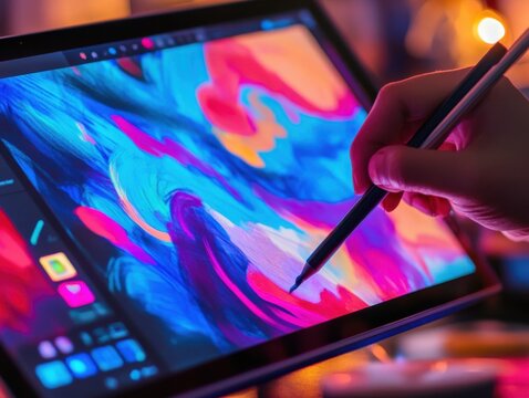 Digital artist drawing on tablet live-streaming tutorial with vibrant colors and interface visible