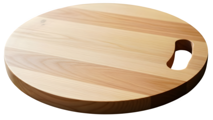 Round wooden cutting board with handle on black background