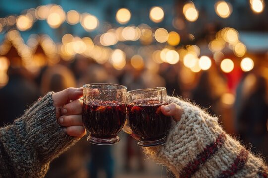 Couple celebrates with mulled wine under festive lights