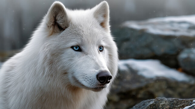 White wolf with blue eyes in winter forest, thick fur, alert expression, snow on rocks, cold atmosphere, wild animal beauty