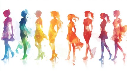 Silhouettes of diverse women in colorful dresses walking in a line. Each figure displays a unique pose and style, showcasing fashion and movement.