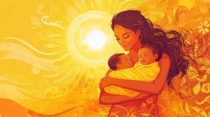 A young African woman holds two infants in her arms. The background features a bright sun and floral elements, creating a warm and nurturing atmosphere.