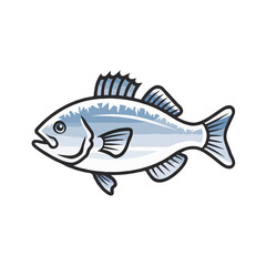 Fototapeta premium Illustration of a single silver fish with fins and tail clearly defined swimming horizontally isolated on white background