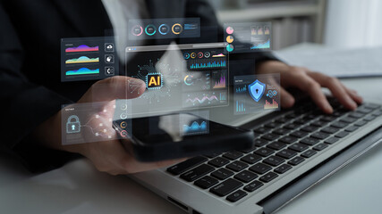 An Artificial Intelligence platform for business intelligence. The dashboard shows advanced data analytics, predictive modeling, and security monitoring through various visualizations. Fermion