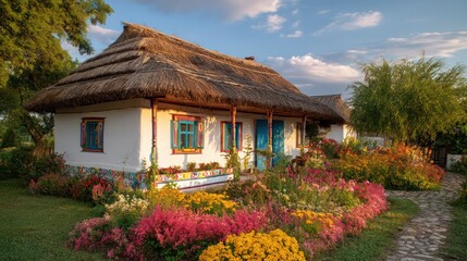 Fototapeta premium Picturesque Ukrainian countryside cottage whitewashed walls straw roof and colorful window trim Surrounded by flower gardens under soft