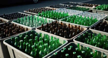 Recycled glass bottles in gray plastic bins.  Rows of assorted glass bottles, various colors,  sorted and organized in plastic containers, outdoors