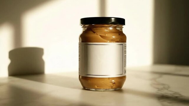 Peanut Butter Jar Mockup on Sunny Marble Countertop