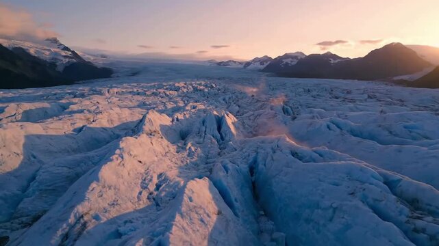 Contrasty glacier melt slow motion with contrasty glacier under golden hour wash; effect glacier contrasty style featuring glacier, golden hour, nature, contrasty, cinematic 4k animated overlay