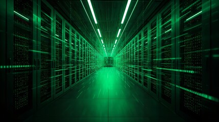 Fototapeta premium an expansive data center bathed in a green glow, showcasing rows of servers. The architectural design of the facility underscores the significance of technology.
