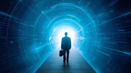 Obraz premium a lone figure of businessman walking toward a bright light at the end of a tunnel