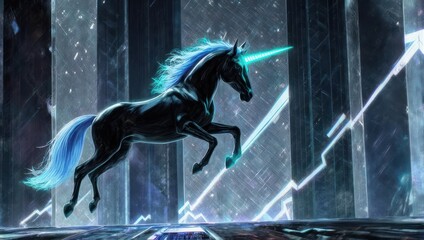 A black unicorn with glowing blue mane and horn leaps in front of a futuristic background