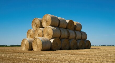 Round straw bales stacked in a field under a clear blue sky