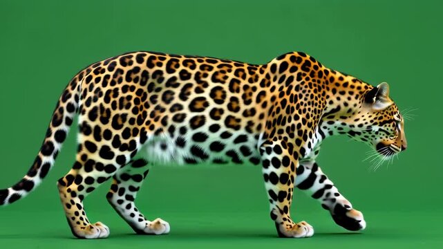 Leopard walking across a green background with its distinctive spotted coat on display in a studio shot