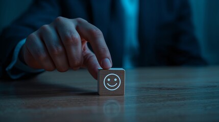a hand placing a wooden cube with a smiling face on a wooden table 