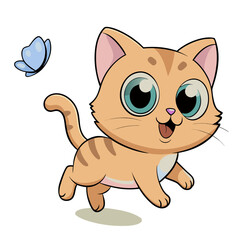Cute Cat Playing with a Colorful Butterfly Illustration