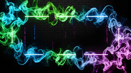 A mesmerizing composition featuring vaporous plumes illuminated by radiant neon rectangles against a textured dark