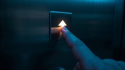 close-up shot of a finger pressing an illuminated elevator button, symbolizing upward movement