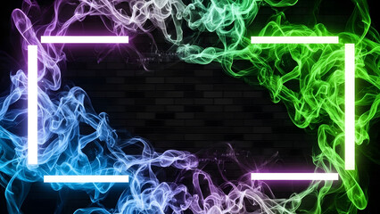 Vibrant vapor trails framing a stark brick facade, accented by bold neon geometric shapes, creating a futuristic