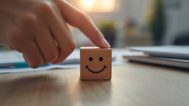 hand gently touches a wooden cube with a smiling face drawn on it, conveying happiness and positivity
