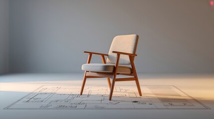 a modern armchair sits on a blueprint in an minimalist space with soft, diffused sunlight from the side