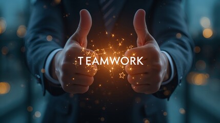 Teamwork thumbs up and glowing sparks, symbolizing collaboration and partnership. Two hands show thumbs up and TEAMWORK words appear between them