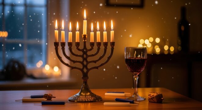 Nine bright candles illuminate a festive table setting with a glass of wine during a winter evening celebration