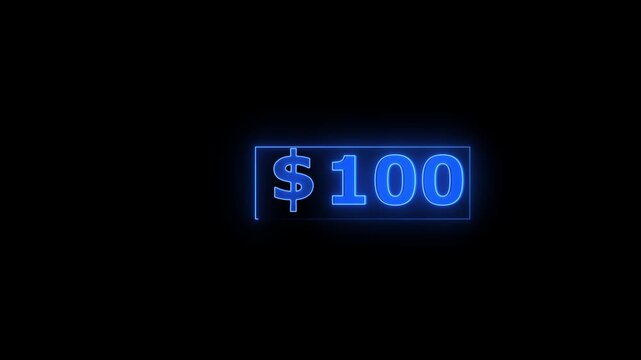 Neon Dollar 0 to 200 count. 0-200 dollar neon glowing completed dollar with alpha channel .0 to 200 dollar count completed animation on a black background.