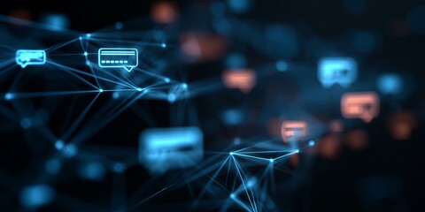 Glowing blue nodes, connections form a futuristic web, symbolizing technology, connectivity, innovation in the digital age ,energy, complexity, striking visuals. Chatbot concept.