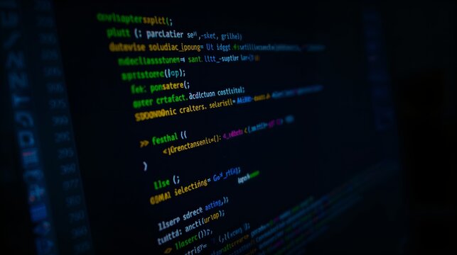 code on a computer screen, a close-up shot of lines of programming code against a dark background, evoking a sense of technological complexity and data processing. 