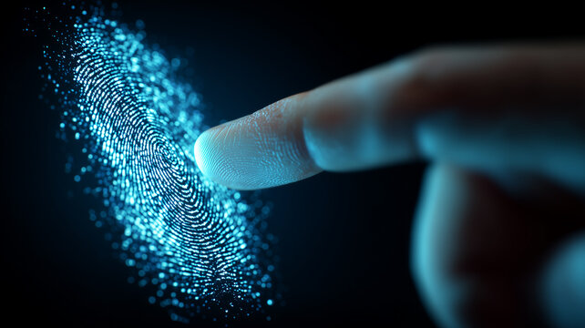 A biometric identification concept depicted through a finger interacting with a glowing digital fingerprint representing authentication access and security validation.
